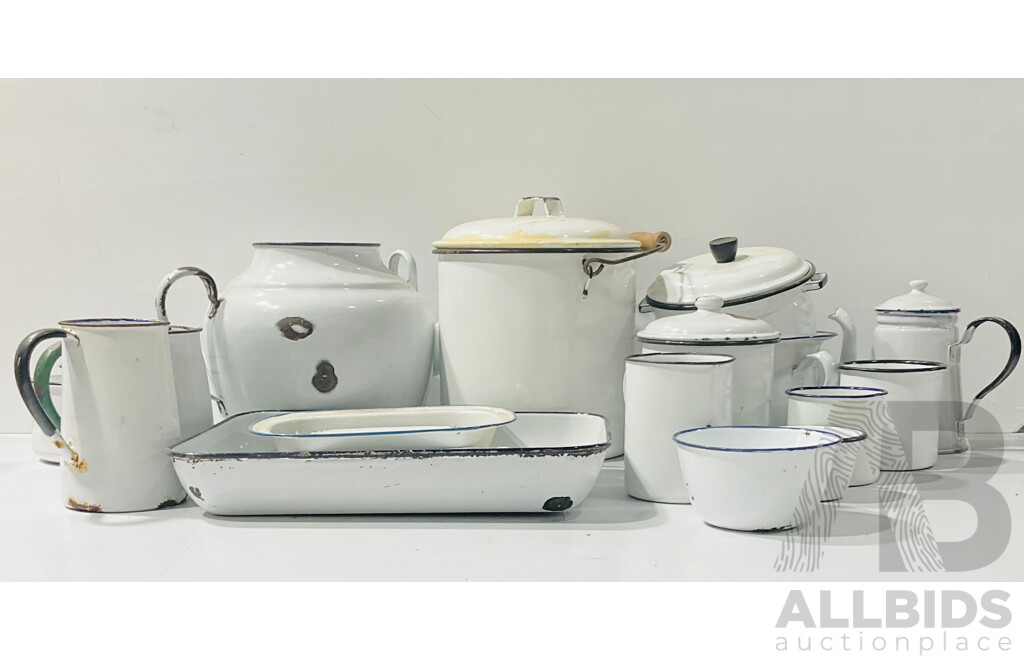 Collection of Enameled Tin Cook and Campware Including Large Kettle, Mugs and More