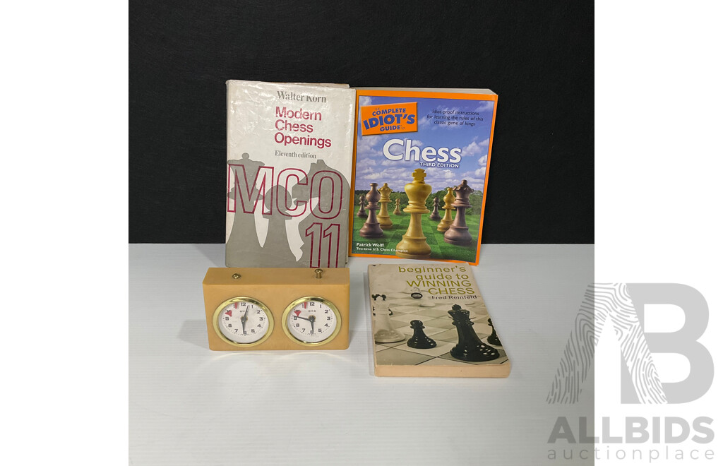 Lot of Three Books on Chess Including Idiot's Guide to Chess, Alongside a Wind Up Chess Clock, (4 Items)
