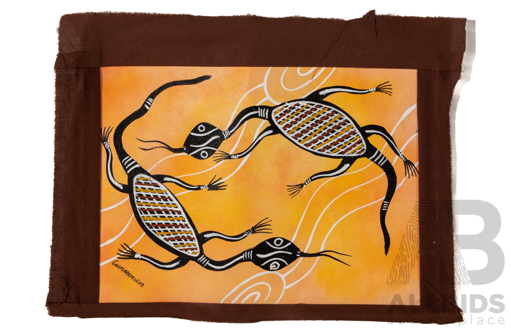Michael Huddleston (Garmarroongoo) (20th C., Indigenous Australian, 1947-), Goanna in Dry Season & Satlwater Dreaming, Pair of Wonderful Unstretched Acrylic on Canvases, 32 x 24 cm & 30 x 33 cm (2)