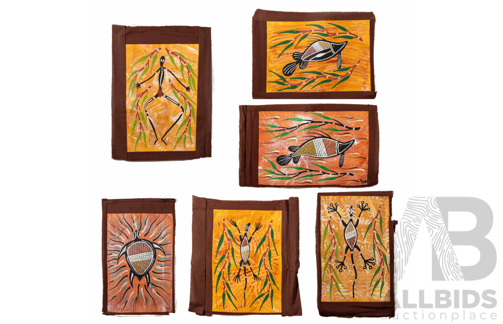 Greg Joseph (Yidinji) (20th C.,Indigenous Australian), Dreamtime Spirit, Animals & More, Collection of Six Wonderful Unstretched Acrylic on Canvases, 36 x 24 cm (images approx) (6)