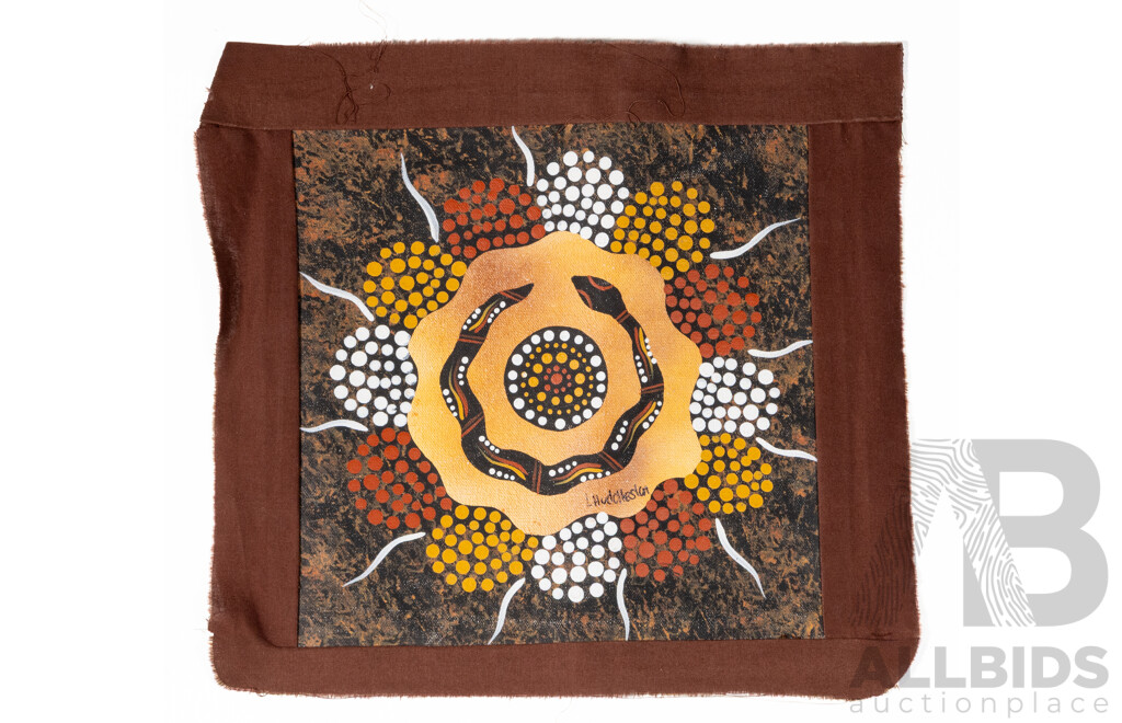 Linda Huddleston, (20th C.,Indigenous Australian), Snake, Goanna & Turtle Spirit Animals, Trio of Lovely Unstretched Acrylic on Canvases, 25 x 25 cm (images approx) (3)