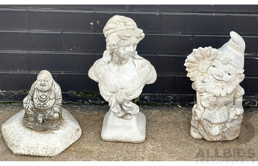 Trio of Unmatched Concrete Garden Statues