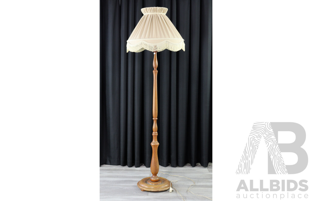 Turned Timber Floor Lamp with Pleated Skirt Shade