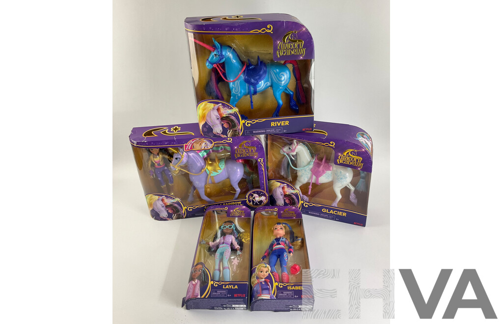 Five  Boxed Unicorn Academy Dolls and Horses