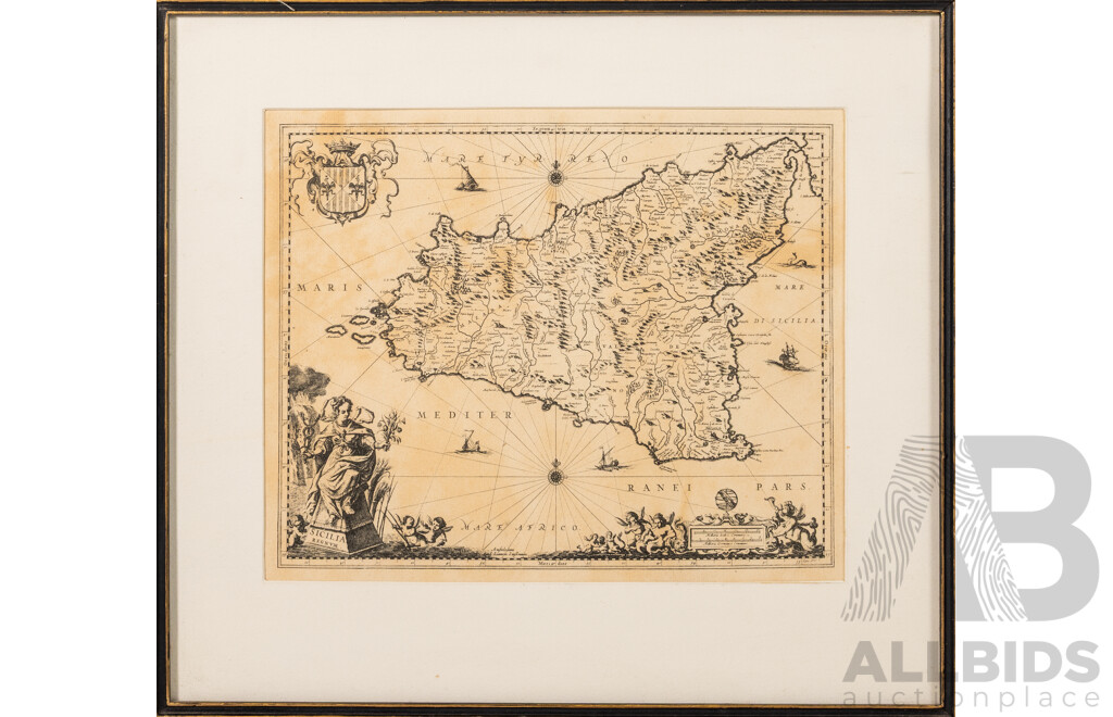 Johannes Jansson Janssonius (17th Century, Dutch, 1588-1664), Sicilia Regnum [Kingdom of Sicily], Lovely Antique Engraving, 38 x 42 cm (frame)
