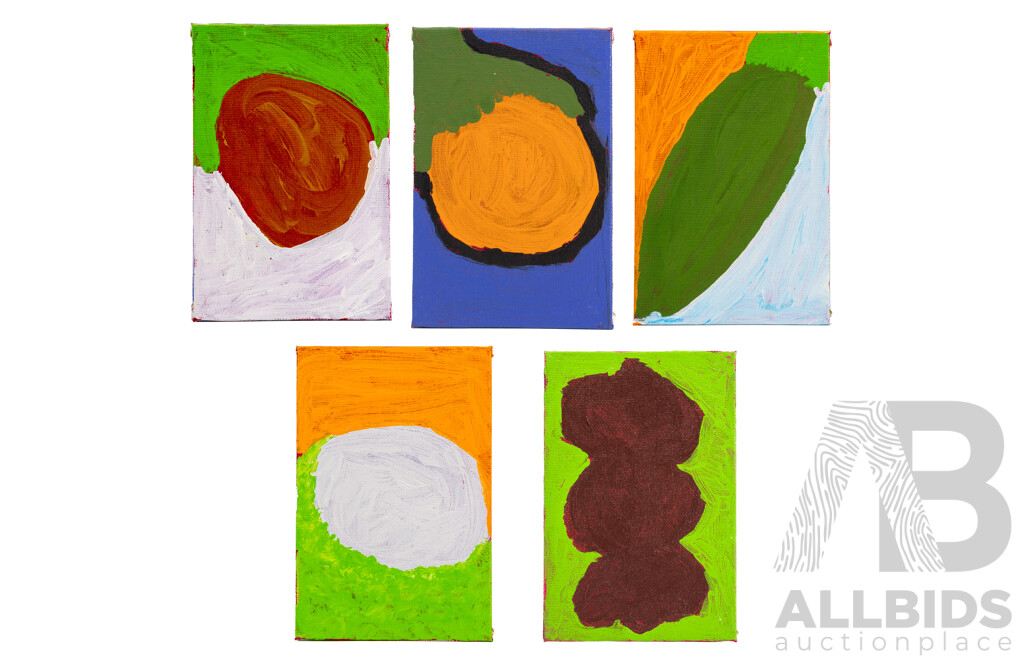 Peggy Napangardi Jones (20th Century, Indigenous-Australian, 1951-2014), Collection of Five Untitled Original MIniature Oils on Canvas Board (out of Fifteen); 15 x 10 cm (5)