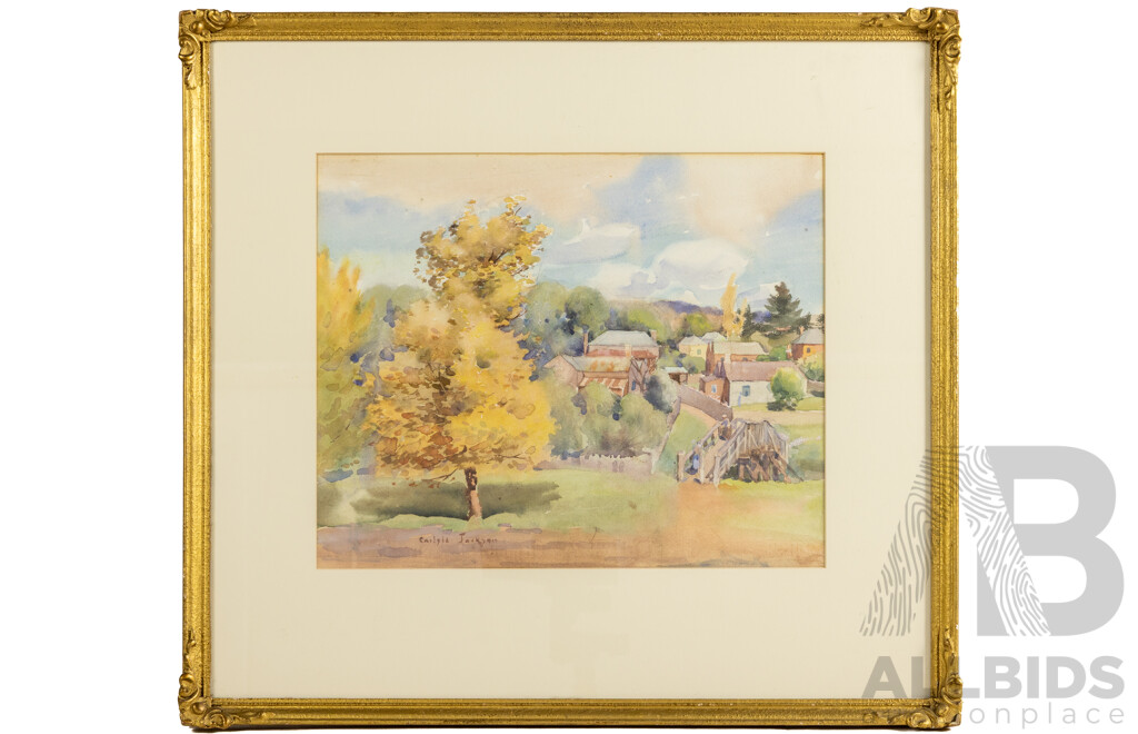 Carlyle Jackson, (20th Century, Australian, 1891-1940), Meeting on Village Bridge (c.1920s), Original Watercolour, 57 x 62 cm (frame)
