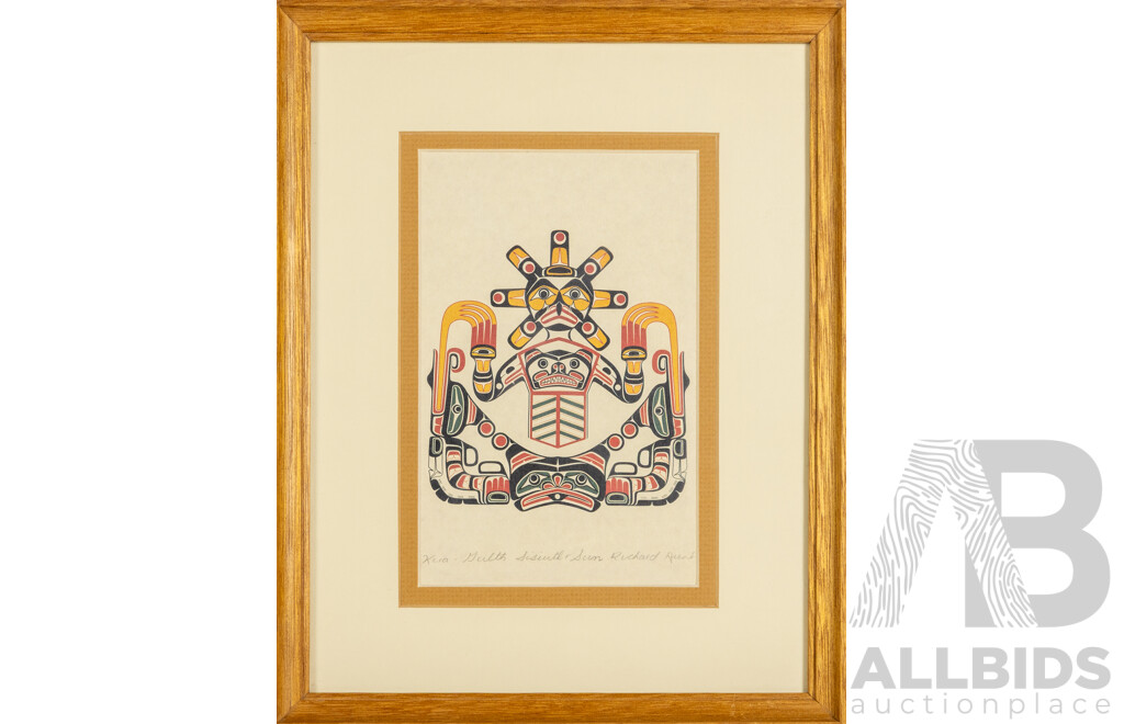 Richard Hunt, (20th Century, First Nations Canadian, 1951-), Kwa-Gulith Sisiuti & Sun, Original Silkscreen on Paper, 35 x 28 cm (frame)