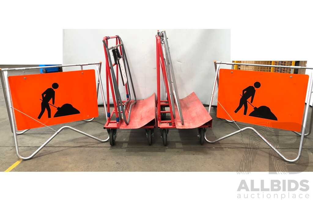 Four Worksite A-Frames, Two Men at Work Signs and Two Trolleys
