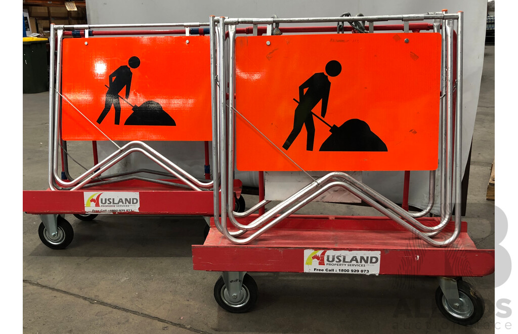 Four Worksite A-Frames, Two Men at Work Signs and Two Trolleys