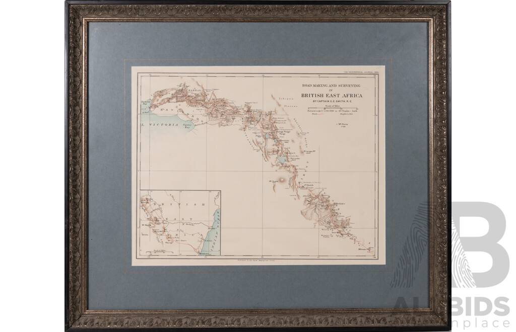 Captain G.E. Smith R.E, (c1890-1910s), Road Making & Surveying in British East Africa, Mombasa to Lake Victoria, Kenya, Royal Geographical Society Paper Map, (1899), 52 x 60 cm