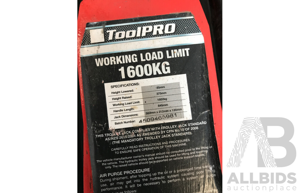 ToolPro Low Profile Trolley Jack 1600kg