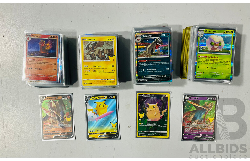 Collection of Mostly Foil Pokémon Tcg Cards Including Celebrations 25th Anniversary Pioachu, Surfing Pikachu V, Zamazenta V and Zacian V