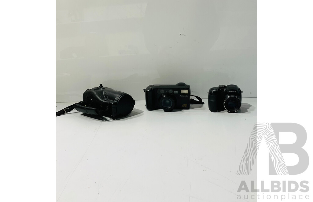 Collection of Three Cameras Including Panasonic Zoom28, Fujifilm Finepix 51000 Digital Camera and Canon Epoca 135 Caption