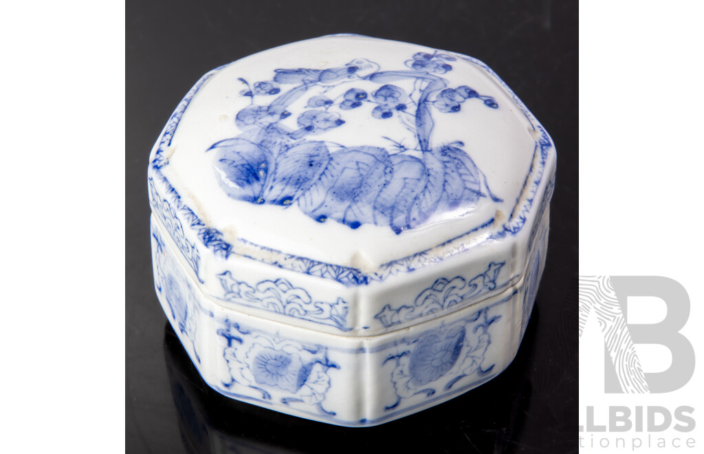 Vintage Chinese Porcelain Hexagonal Form Lidded Dish with Hand Painted Blue and White Decoration