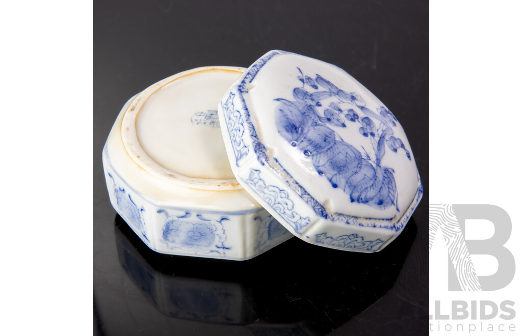 Vintage Chinese Porcelain Hexagonal Form Lidded Dish with Hand Painted Blue and White Decoration