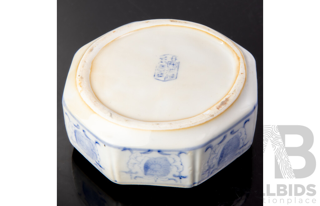 Vintage Chinese Porcelain Hexagonal Form Lidded Dish with Hand Painted Blue and White Decoration