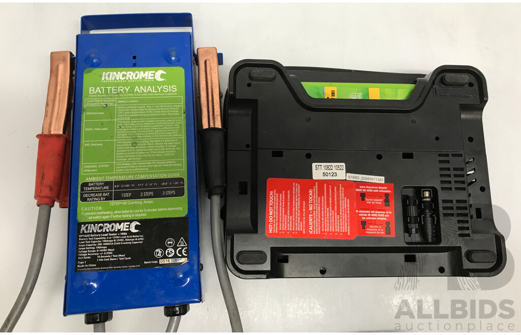 Kincrome Battery Load Tester, Slime Emergency Flat Tire Repair Kit, and Bit Set