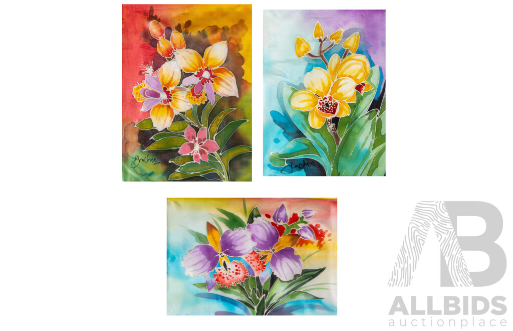 G.M. Choo, (20th Century), Orchids, Set of Three Lovely Original Dye & Gutta on Fine Fabric Panels, 34 x 25 cm (3)