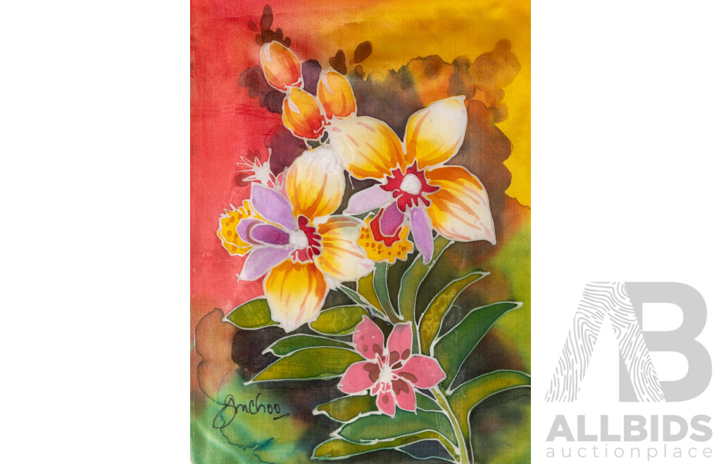 G.M. Choo, (20th Century), Orchids, Set of Three Lovely Original Dye & Gutta on Fine Fabric Panels, 34 x 25 cm (3)