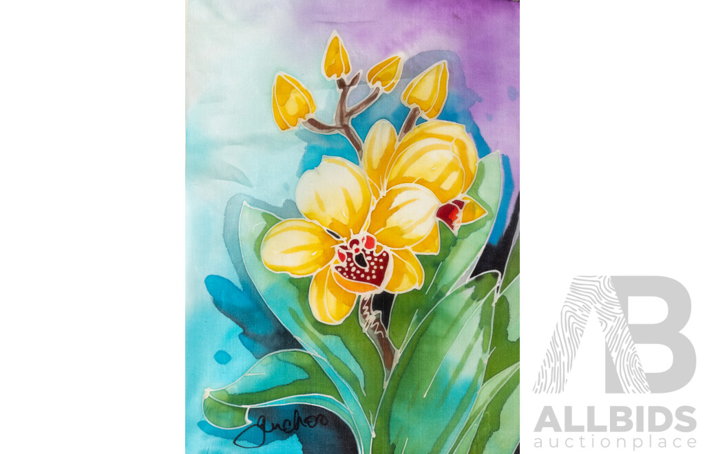 G.M. Choo, (20th Century), Orchids, Set of Three Lovely Original Dye & Gutta on Fine Fabric Panels, 34 x 25 cm (3)