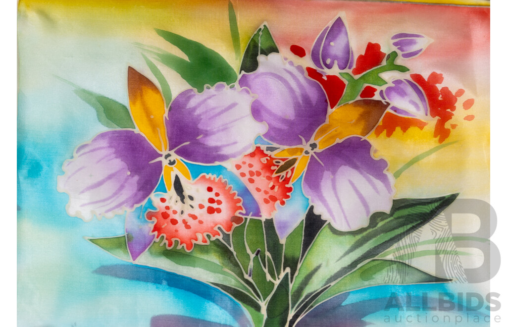 G.M. Choo, (20th Century), Orchids, Set of Three Lovely Original Dye & Gutta on Fine Fabric Panels, 34 x 25 cm (3)