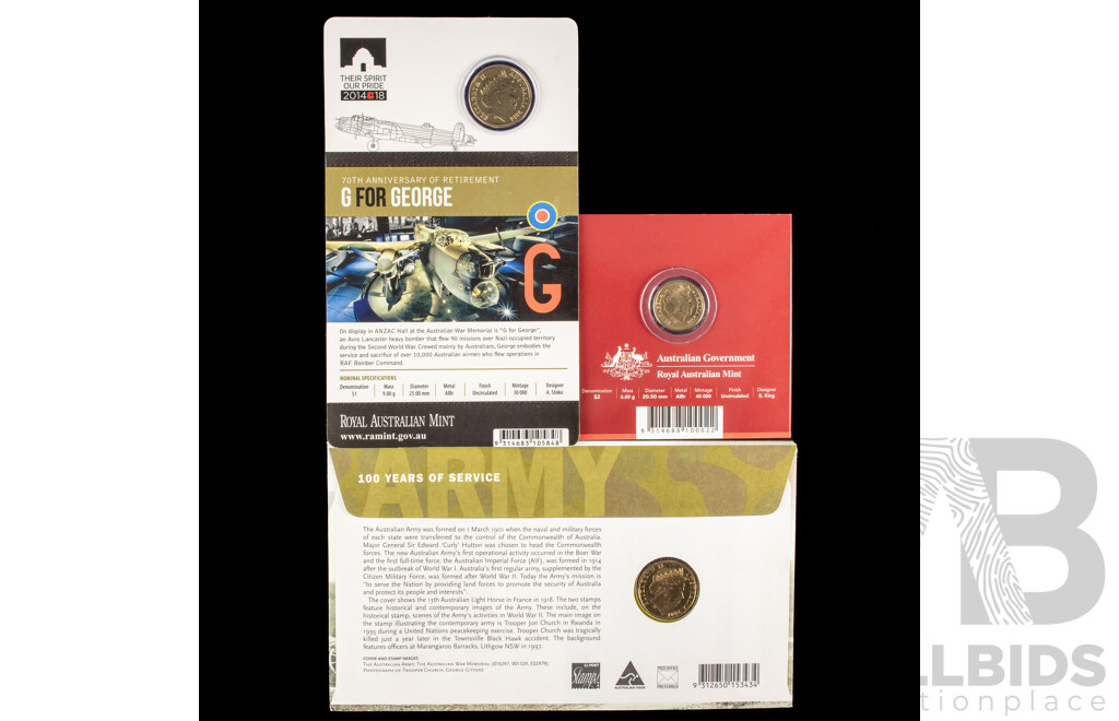 Australian RAM 2014 One Dollar, G for George, 2018 Two Dollar, Lest We Forget, 2001 Army 100 Years of Service PNC