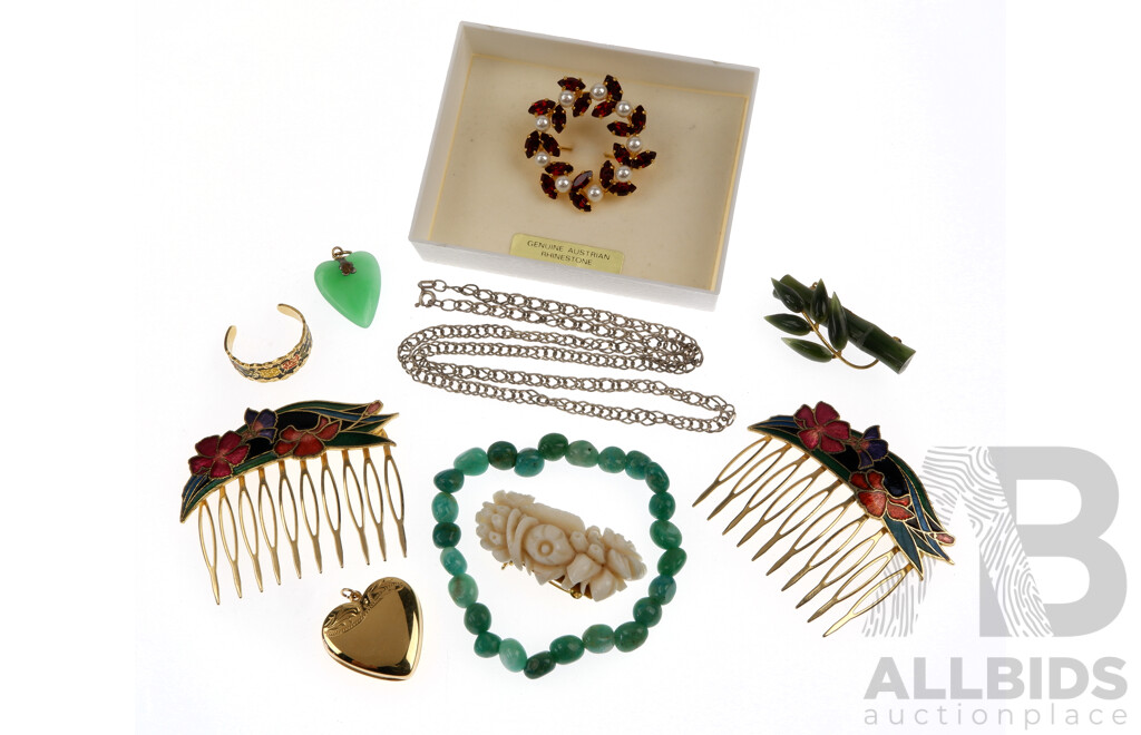 Collection of Vintage Jewellery Including Sterling Silver Necklace, Jade, Amazonite and Cloisonne Pieces