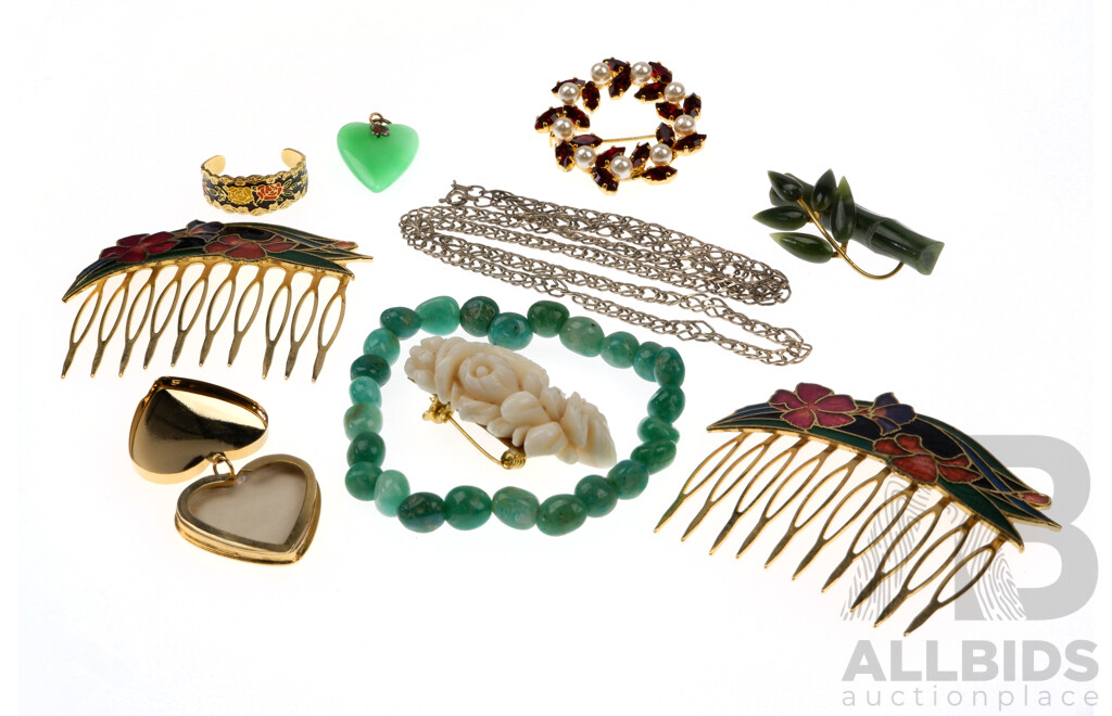 Collection of Vintage Jewellery Including Sterling Silver Necklace, Jade, Amazonite and Cloisonne Pieces