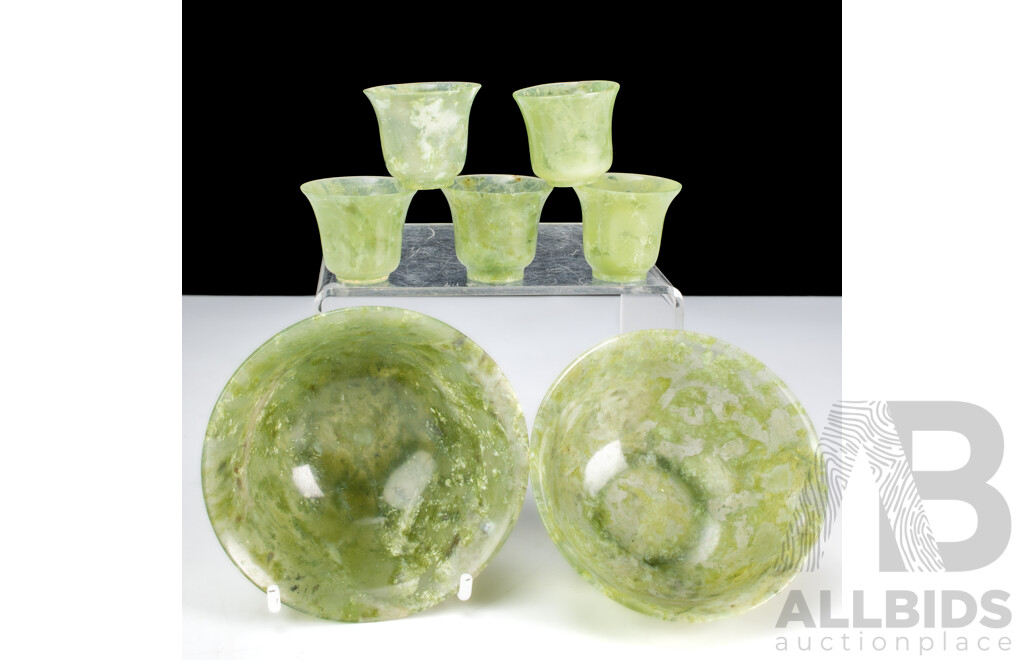 Two Chinese Translucent Jade Bowls with Set Five Matching Cups