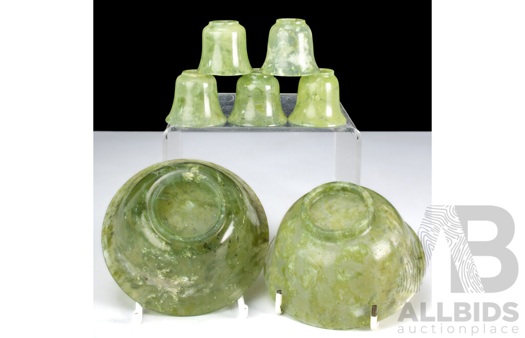 Two Chinese Translucent Jade Bowls with Set Five Matching Cups