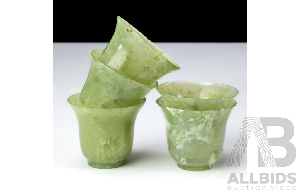 Two Chinese Translucent Jade Bowls with Set Five Matching Cups