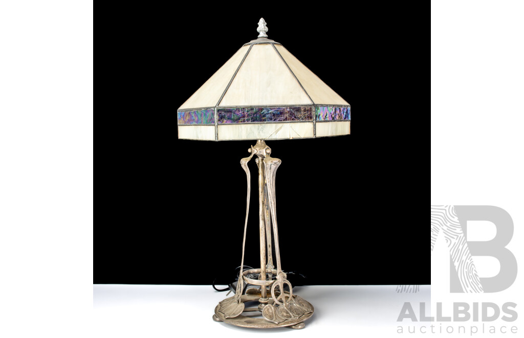 Antique English Arts and Crafts Silvered Brass Table Lamp, Circa 1911, with Later Shade