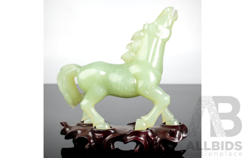 Vintage Chinese Jade Carved Equine Figure on Bespoke Hand Carved Wooden Stand