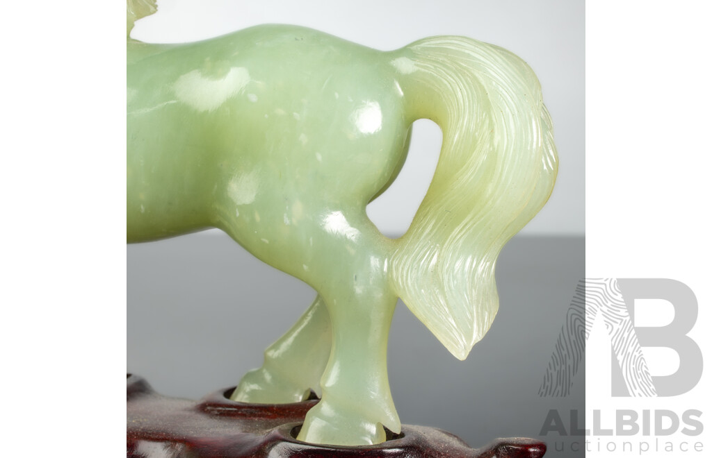 Vintage Chinese Jade Carved Equine Figure on Bespoke Hand Carved Wooden Stand