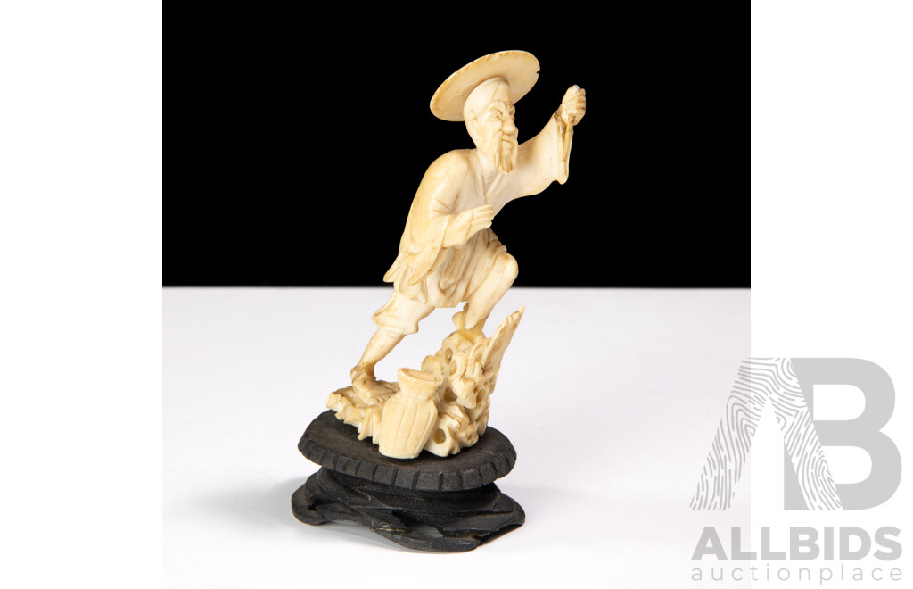 Vintage Japanese Hand Carved Ivory Figure on Wooden Stand