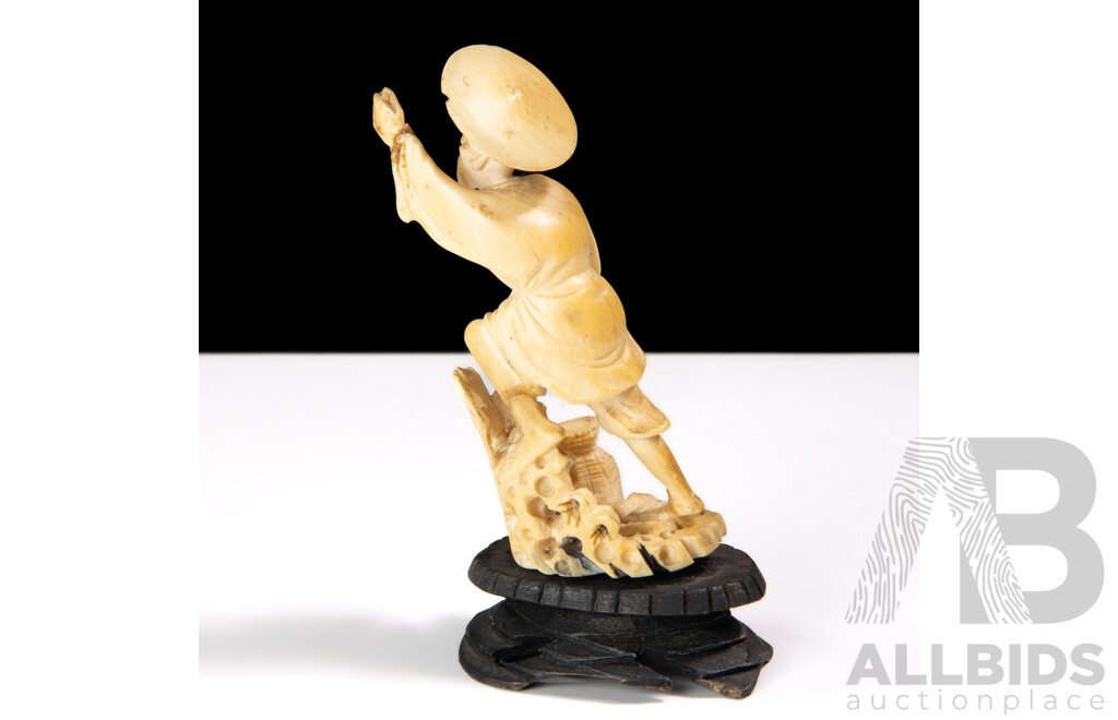 Vintage Japanese Hand Carved Ivory Figure on Wooden Stand