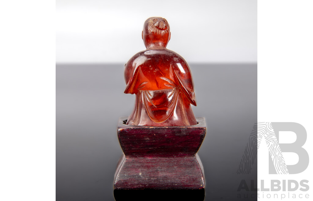 Rare Antique Chinese Carved Red Amber Figure with Pipe on Wooden Stand
