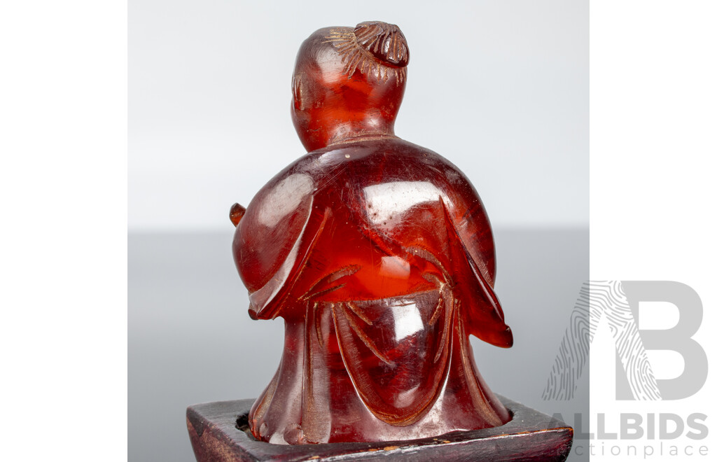 Rare Antique Chinese Carved Red Amber Figure with Pipe on Wooden Stand