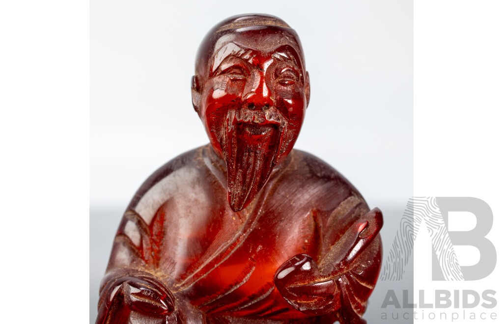 Rare Antique Chinese Carved Red Amber Figure with Pipe on Wooden Stand