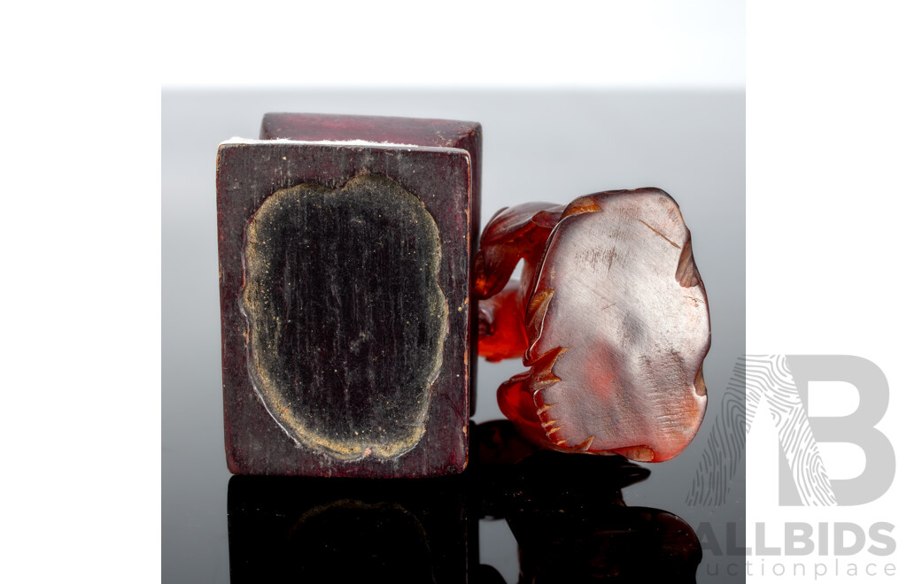 Rare Antique Chinese Carved Red Amber Figure with Pipe on Wooden Stand