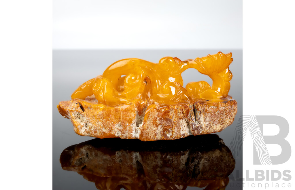 Antique Chinese Carved Golden Amber Figure of Dragon