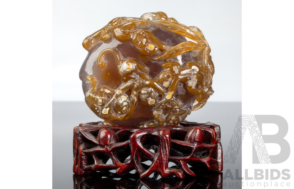 Antique Chinese Carved Carnelain Agate Stone with Monkey Motif on Bespoke Carved Wooden Stand with Foliate Theme