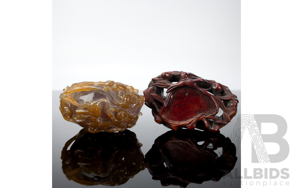 Antique Chinese Carved Carnelain Agate Stone with Monkey Motif on Bespoke Carved Wooden Stand with Foliate Theme