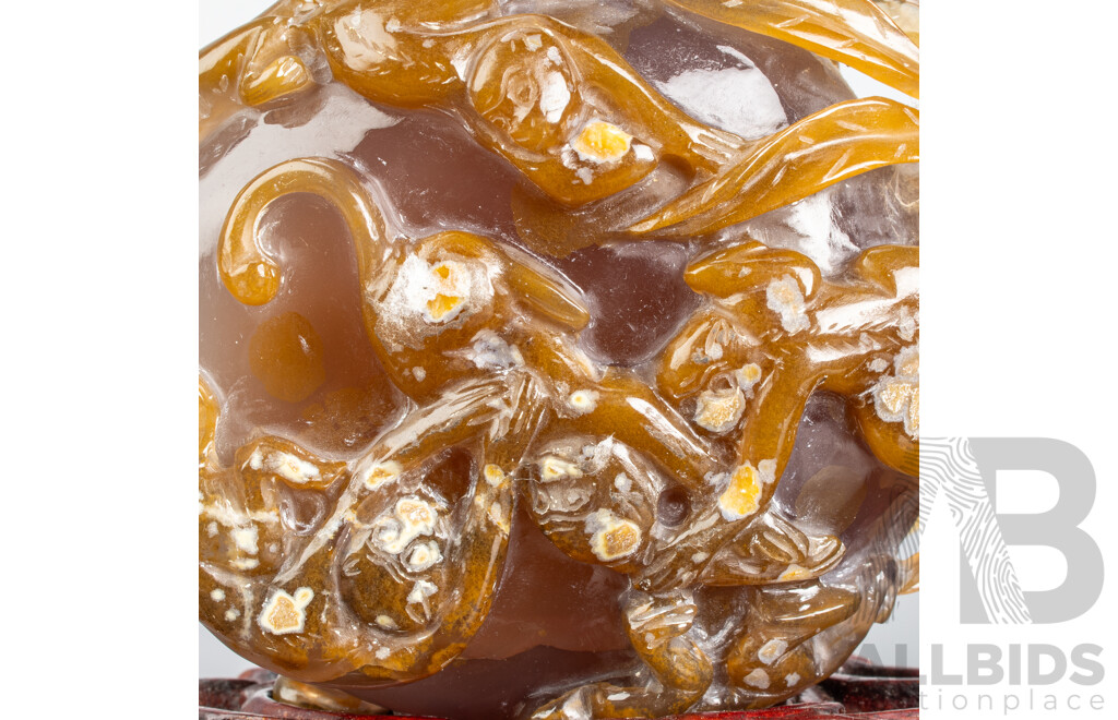 Antique Chinese Carved Carnelain Agate Stone with Monkey Motif on Bespoke Carved Wooden Stand with Foliate Theme