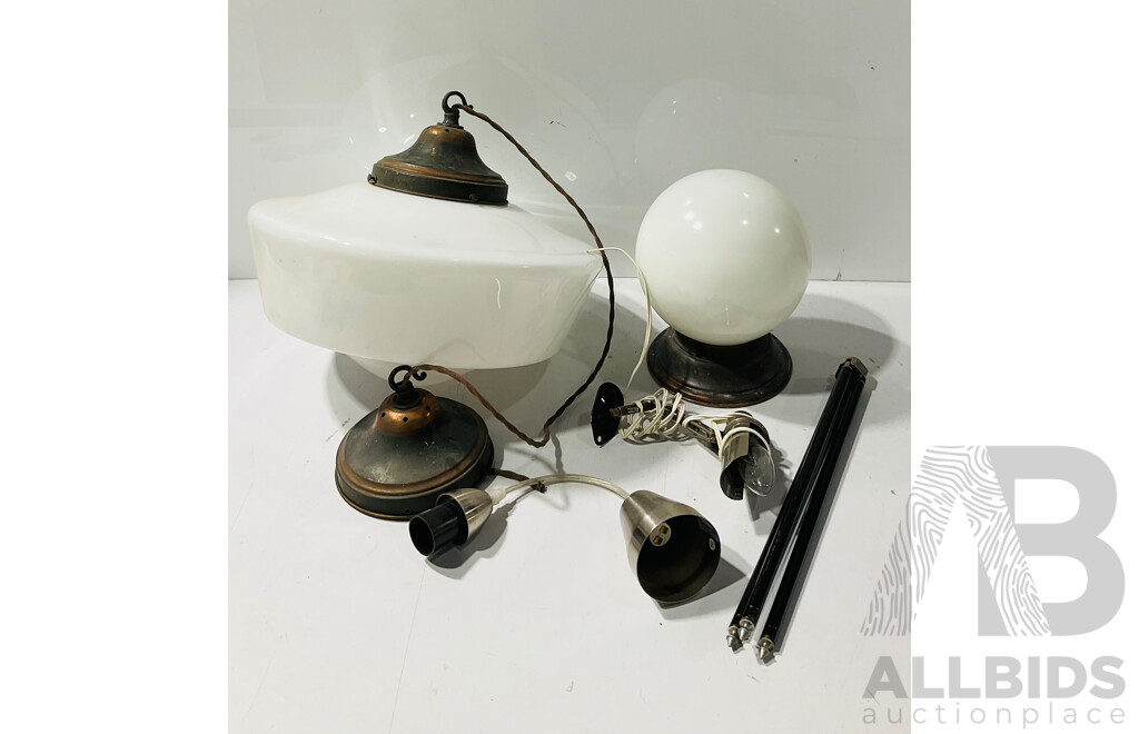 Collection of Light and Lighting Including Vintage Milk Glass Ceiling Light, Modern Wall Mounted Light and More