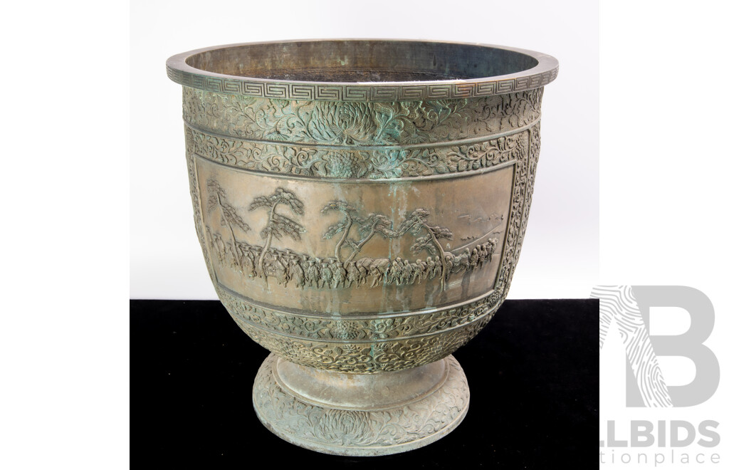 Large Antique Japanese Bronze Jardiniere with Panels with Raised Scenes, Raised Floral Chrysanthemum Motif , Meiji Period Circa 1900