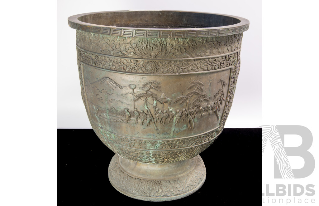 Large Antique Japanese Bronze Jardiniere with Panels with Raised Scenes, Raised Floral Chrysanthemum Motif , Meiji Period Circa 1900