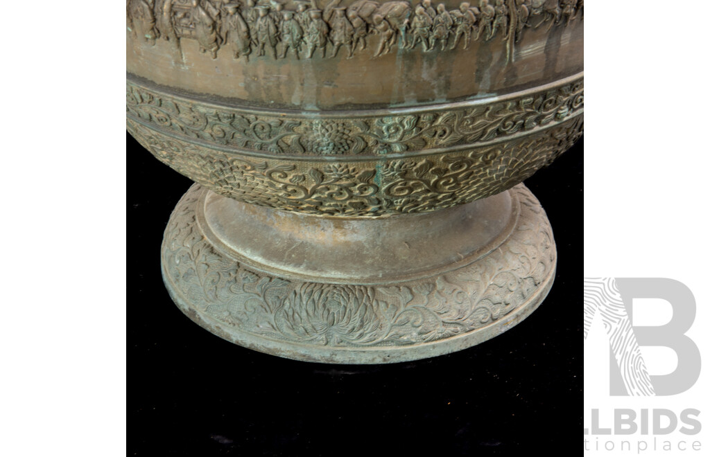 Large Antique Japanese Bronze Jardiniere with Panels with Raised Scenes, Raised Floral Chrysanthemum Motif , Meiji Period Circa 1900