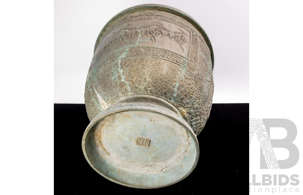 Large Antique Japanese Bronze Jardiniere with Panels with Raised Scenes, Raised Floral Chrysanthemum Motif , Meiji Period Circa 1900